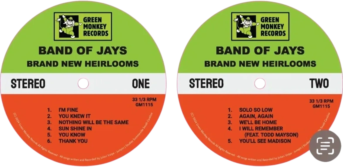 Band of Jays Brand New Heirlooms vinyl record labels on Green Monkey Records